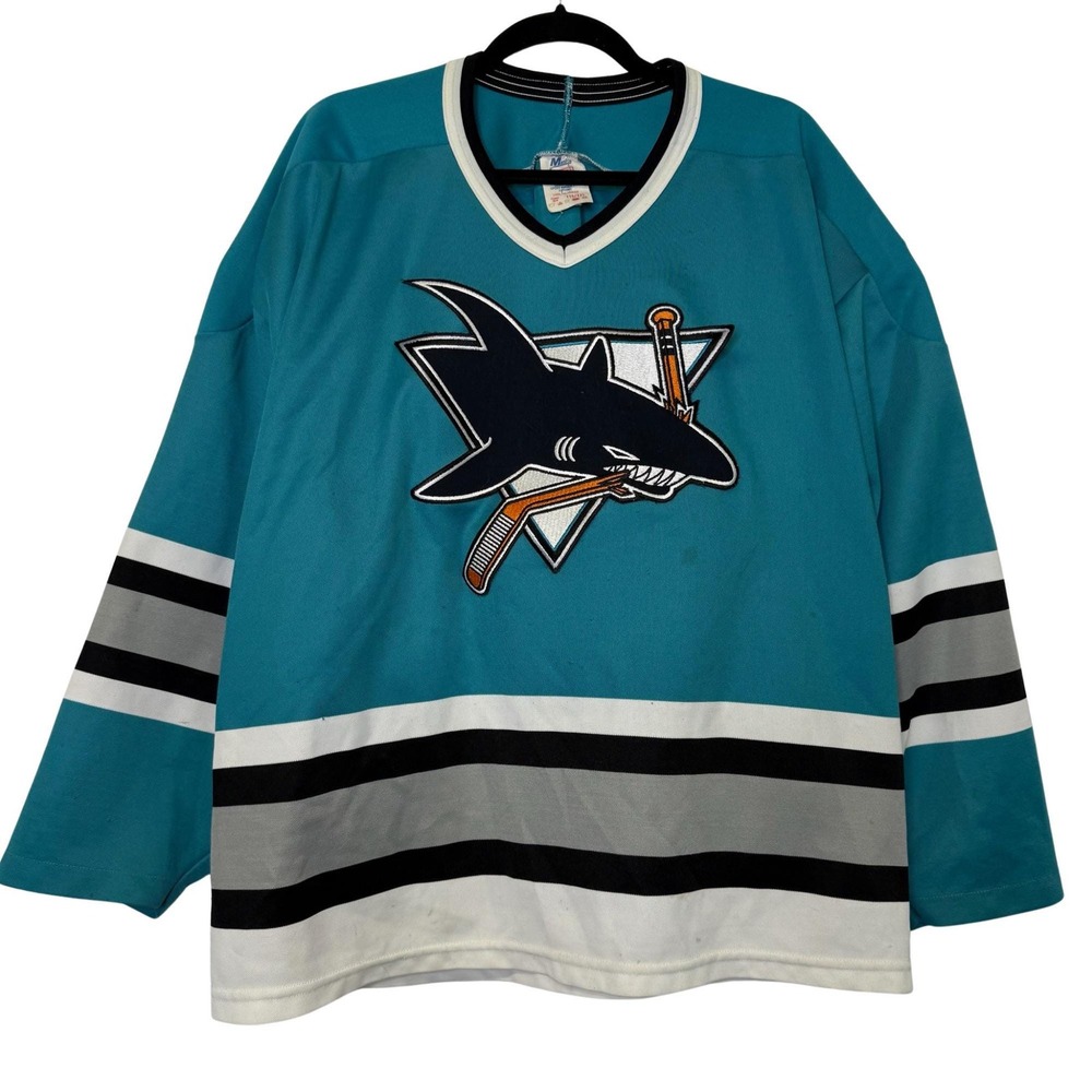 Vintage 90's Maska Air Knit CCM San Jose Sharks Jersey Blue 2XL NHL Hockey